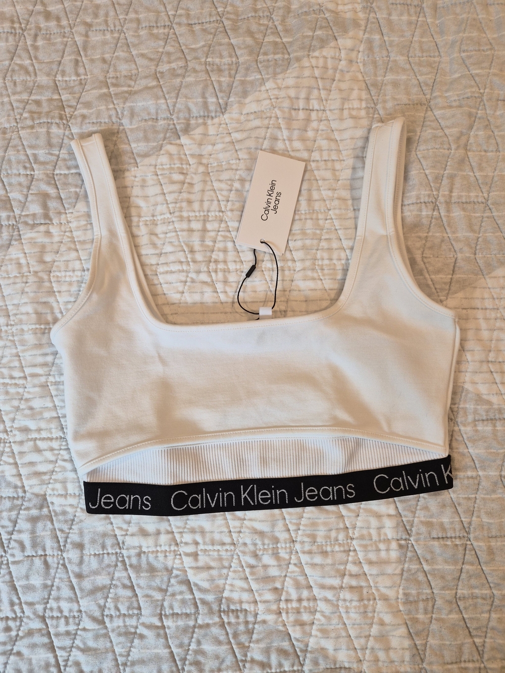 Calvin Klein White Cutout Scoop Crop Tank with Branded Band - Picture 3 of 5